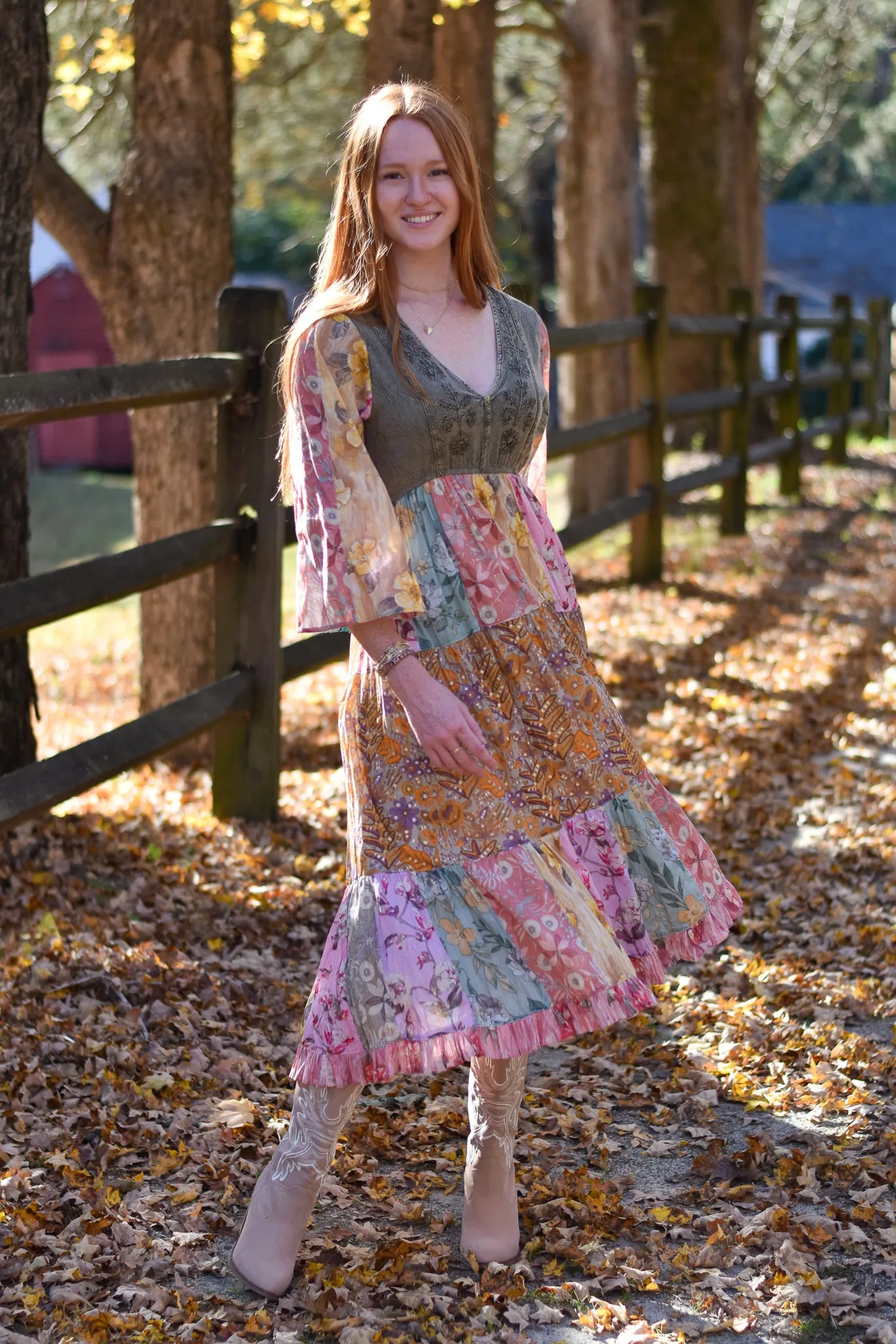 Rustic Bohemian Patchwork Midi Dress