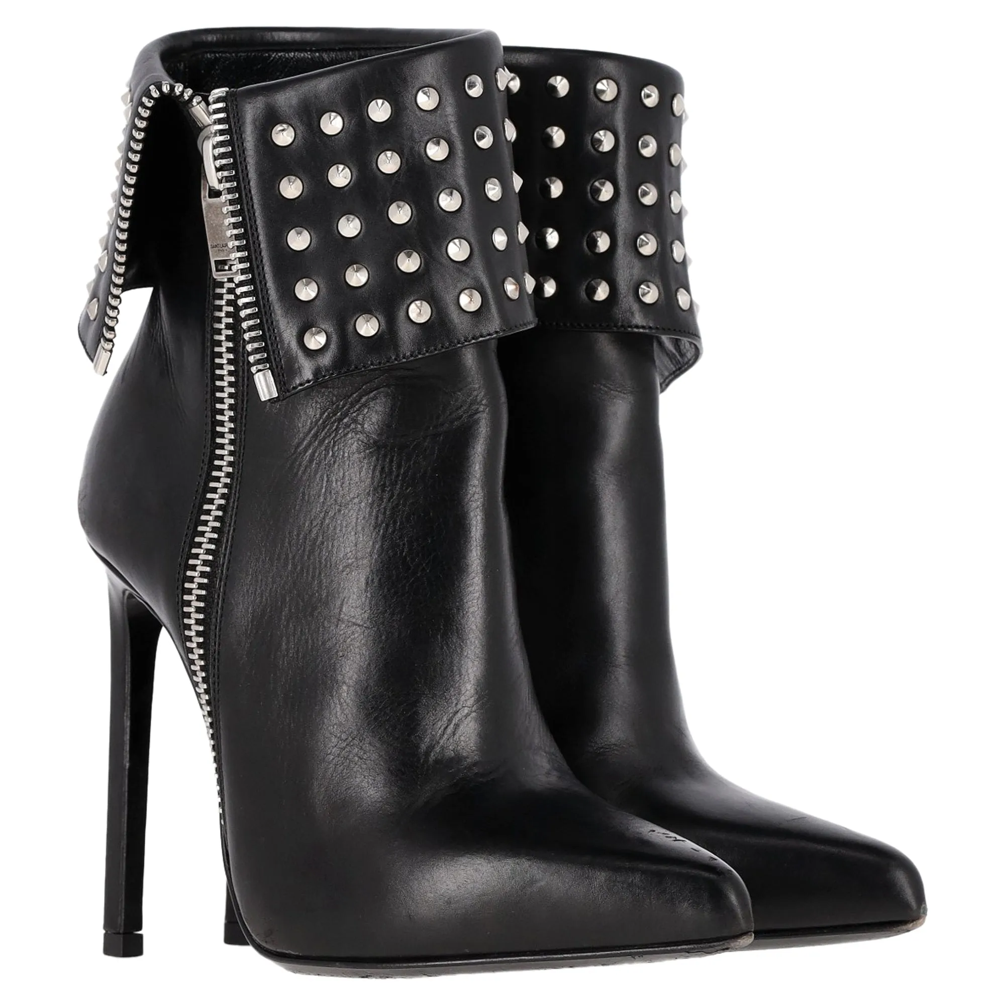 Saint Laurent Paris Fold Over Studded Booties in Black Leather