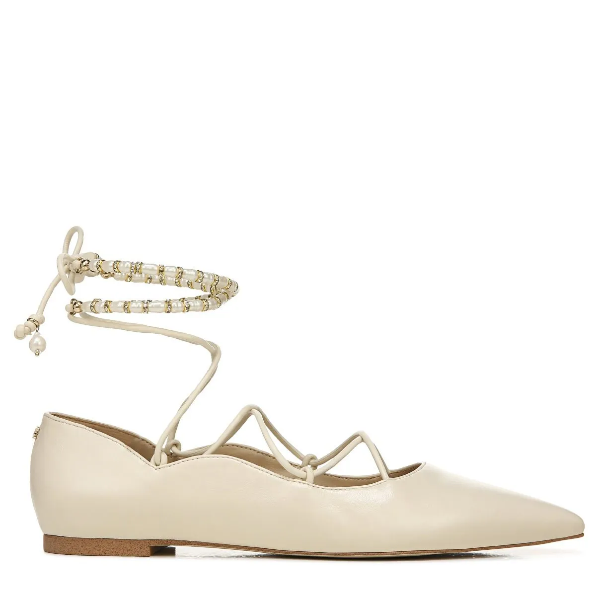 Sam Edelman Winslet Ivory Leather Lace-Up Pearl Beaded Pointed Toe Flats Shoes