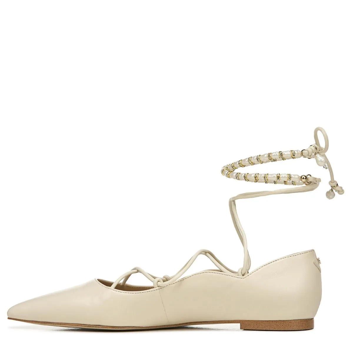 Sam Edelman Winslet Ivory Leather Lace-Up Pearl Beaded Pointed Toe Flats Shoes