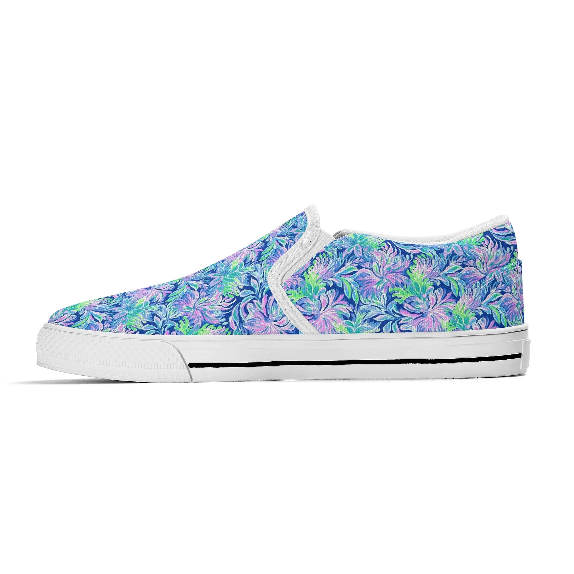 Seaside Serenade: Coastal Pink, Navy, and Green Tropical Blooms Dancing Womens Canvas Slip On Shoes US5-US12