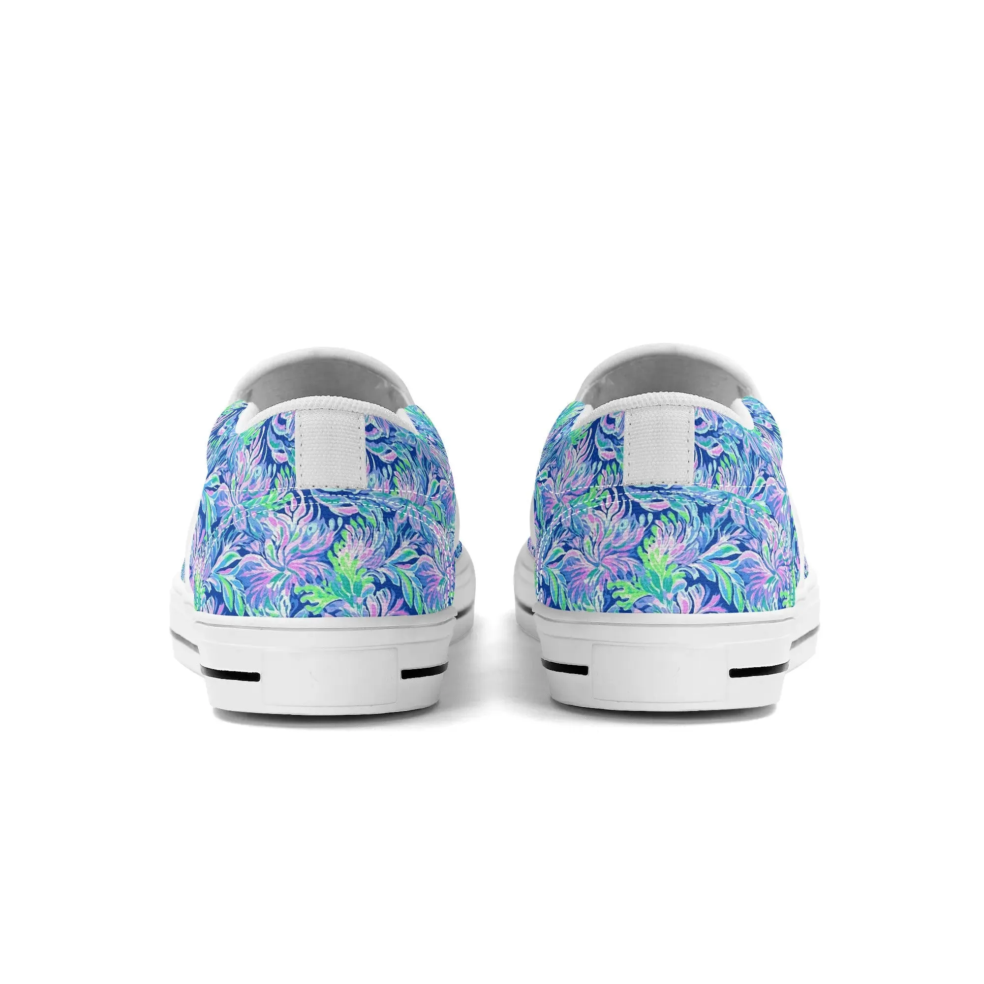 Seaside Serenade: Coastal Pink, Navy, and Green Tropical Blooms Dancing Womens Canvas Slip On Shoes US5-US12