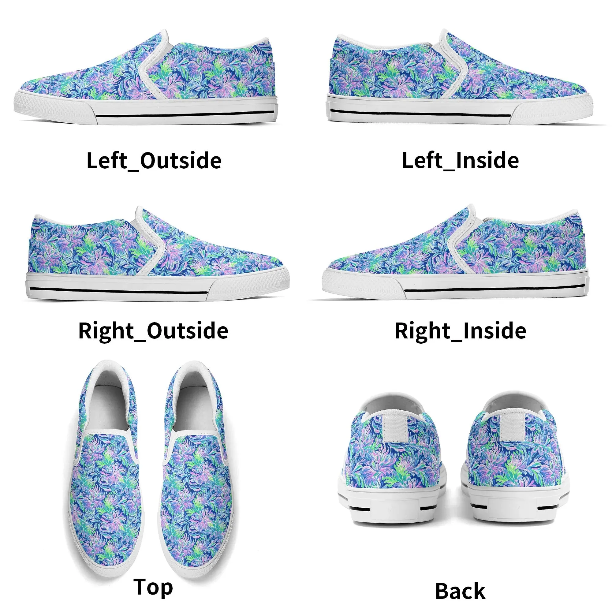 Seaside Serenade: Coastal Pink, Navy, and Green Tropical Blooms Dancing Womens Canvas Slip On Shoes US5-US12