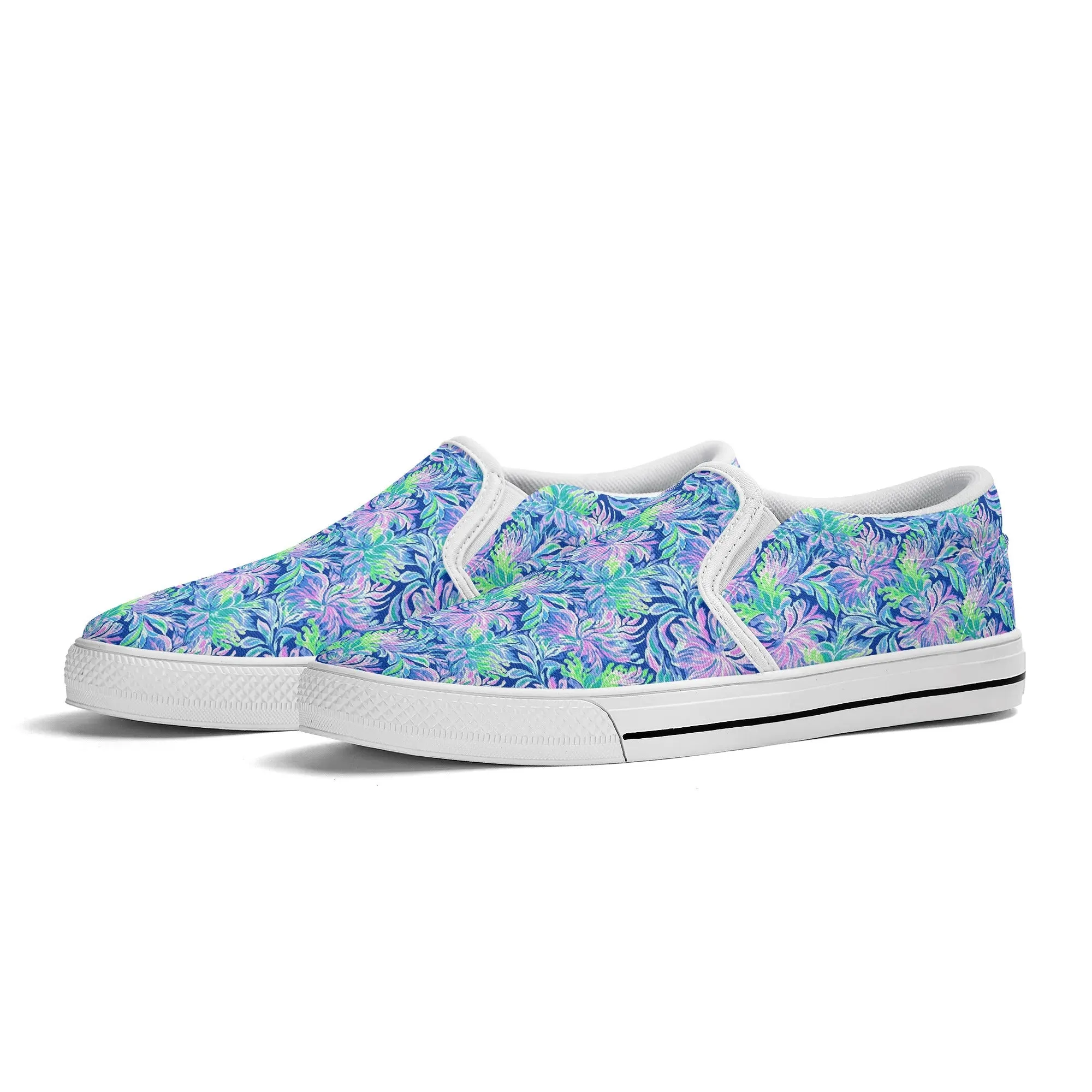 Seaside Serenade: Coastal Pink, Navy, and Green Tropical Blooms Dancing Womens Canvas Slip On Shoes US5-US12