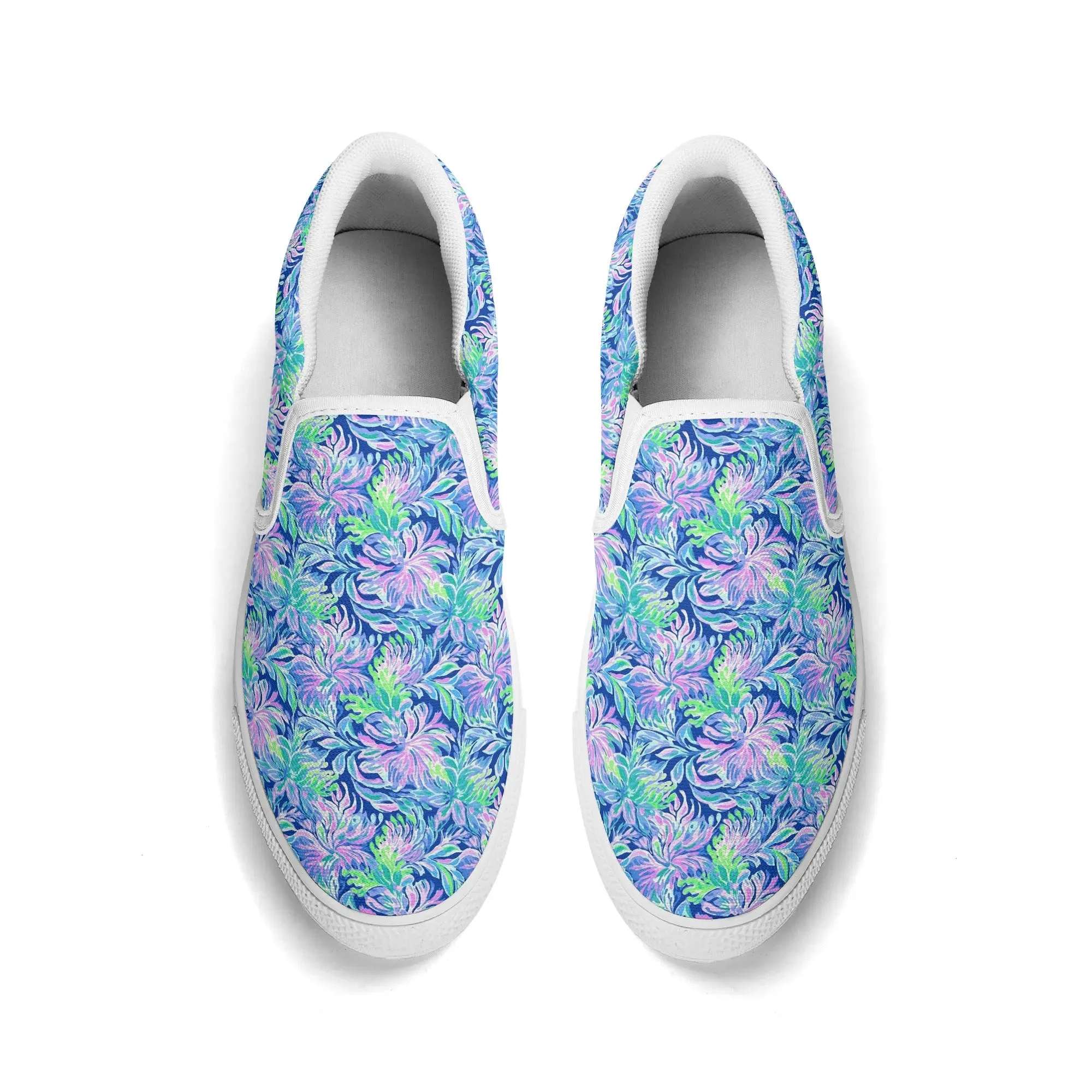 Seaside Serenade: Coastal Pink, Navy, and Green Tropical Blooms Dancing Womens Canvas Slip On Shoes US5-US12
