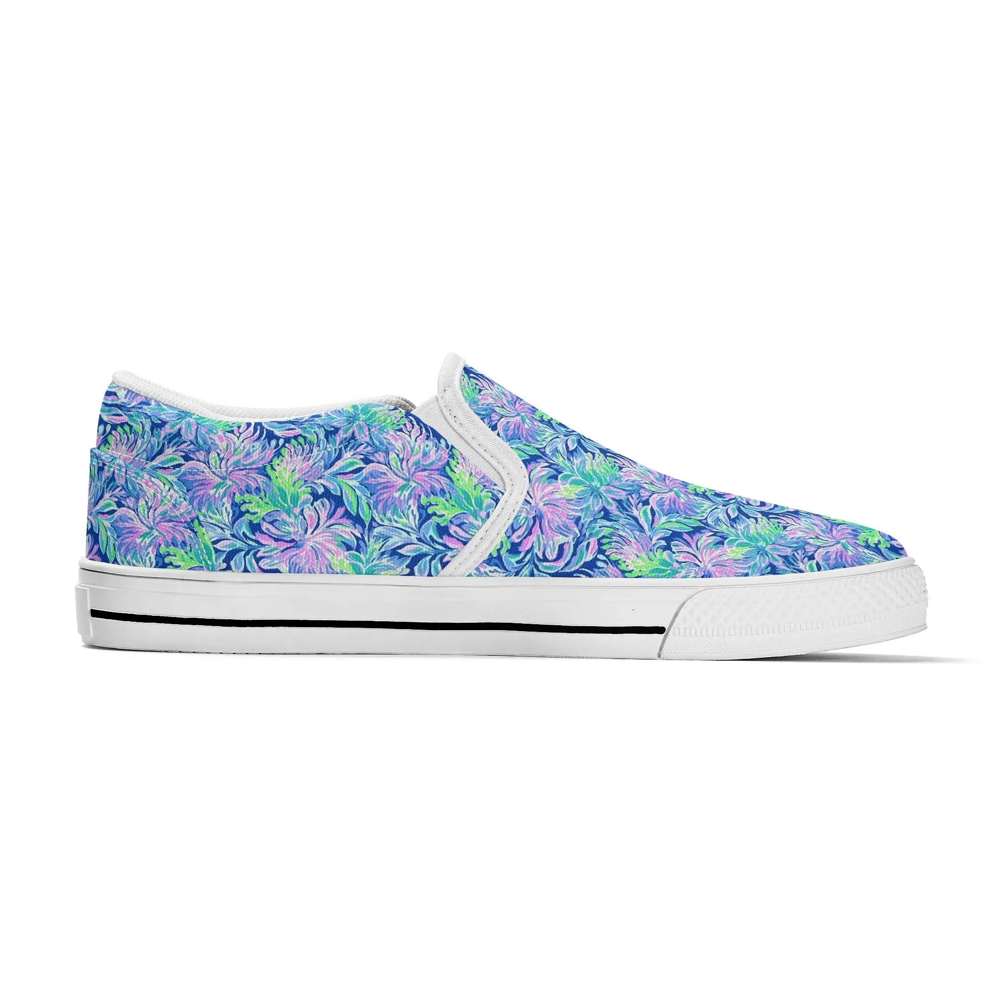 Seaside Serenade: Coastal Pink, Navy, and Green Tropical Blooms Dancing Womens Canvas Slip On Shoes US5-US12