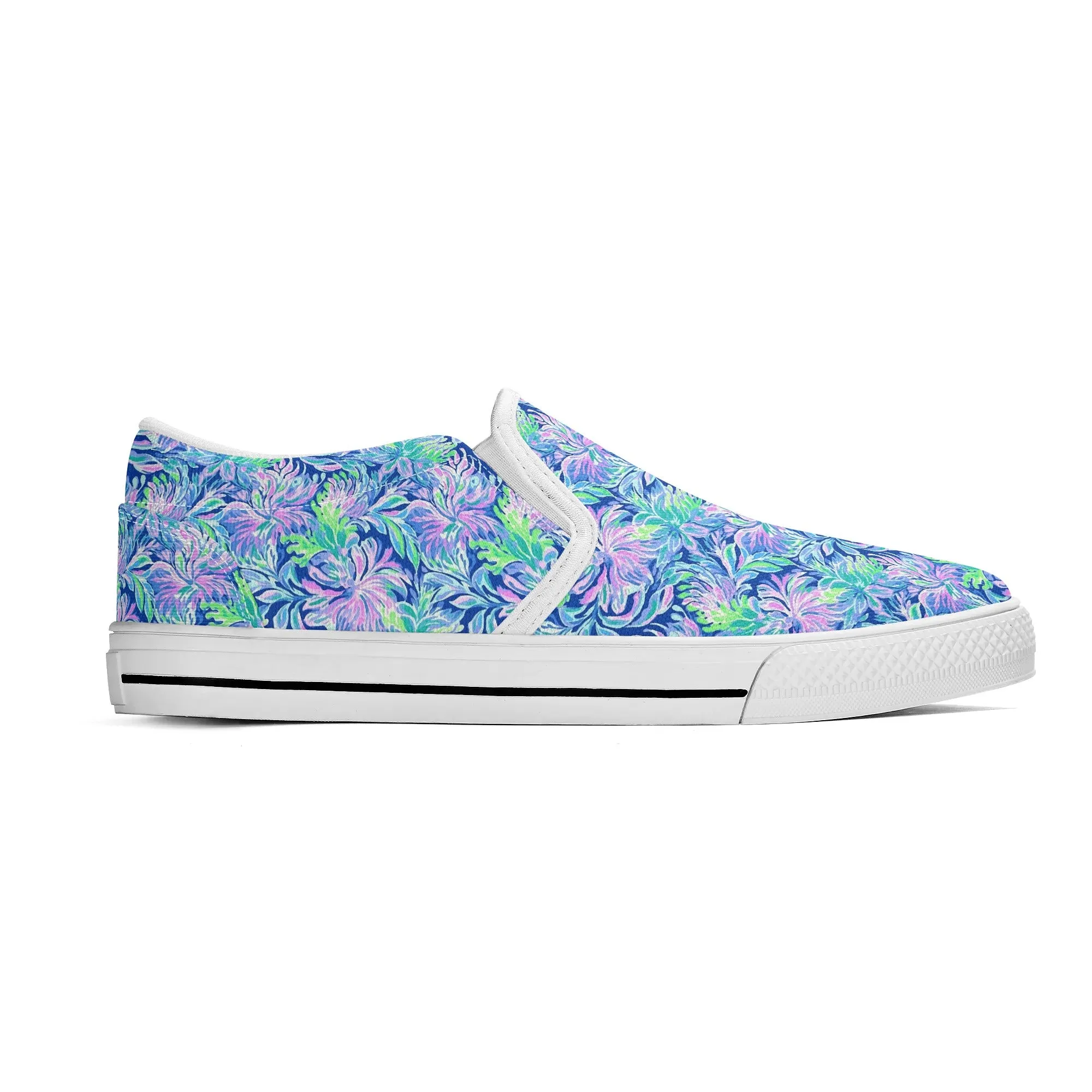 Seaside Serenade: Coastal Pink, Navy, and Green Tropical Blooms Dancing Womens Canvas Slip On Shoes US5-US12