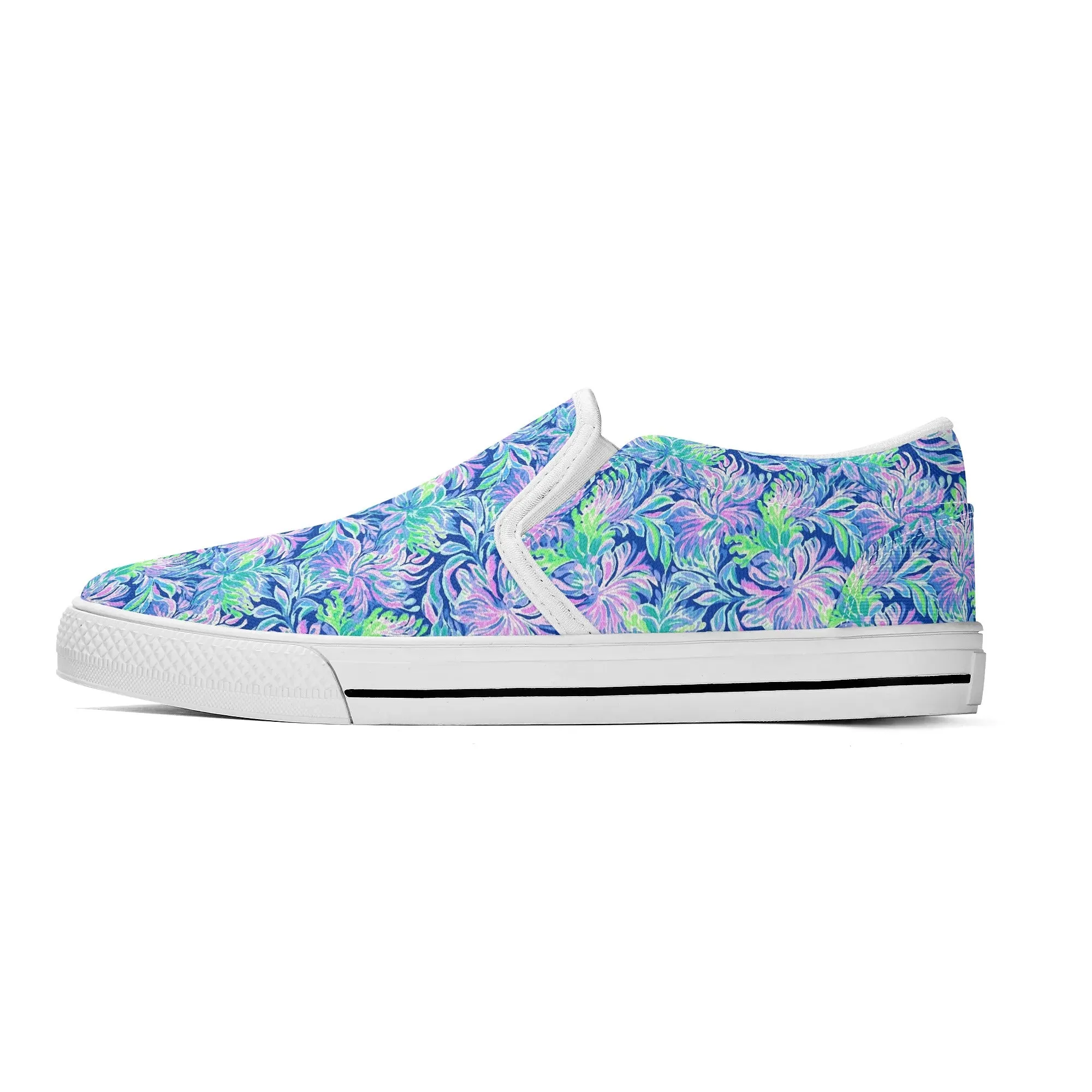 Seaside Serenade: Coastal Pink, Navy, and Green Tropical Blooms Dancing Womens Canvas Slip On Shoes US5-US12