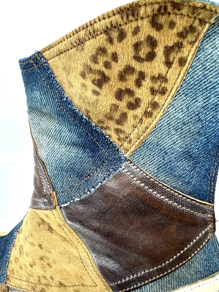 Vic Matié LEATHER DENIM CALF HAIR PATCHWORK WESTERN BOOTS no