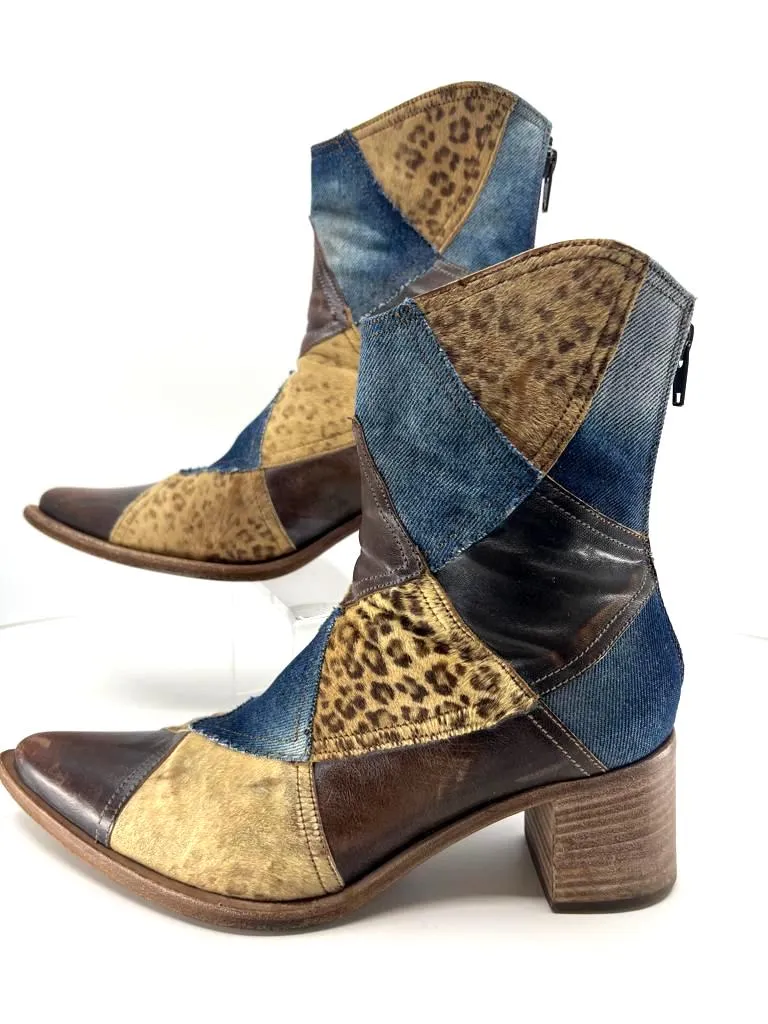 Vic Matié LEATHER DENIM CALF HAIR PATCHWORK WESTERN BOOTS no