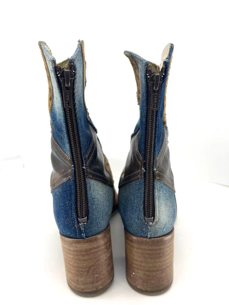 Vic Matié LEATHER DENIM CALF HAIR PATCHWORK WESTERN BOOTS no