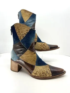 Vic Matié LEATHER DENIM CALF HAIR PATCHWORK WESTERN BOOTS no