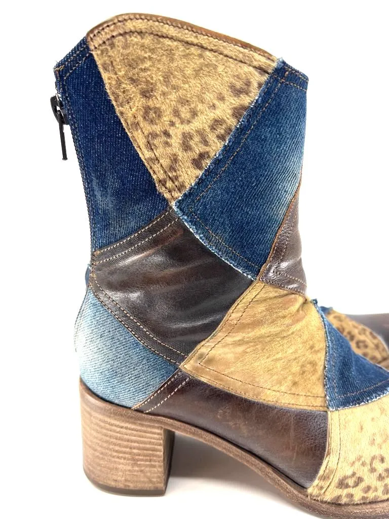 Vic Matié LEATHER DENIM CALF HAIR PATCHWORK WESTERN BOOTS no