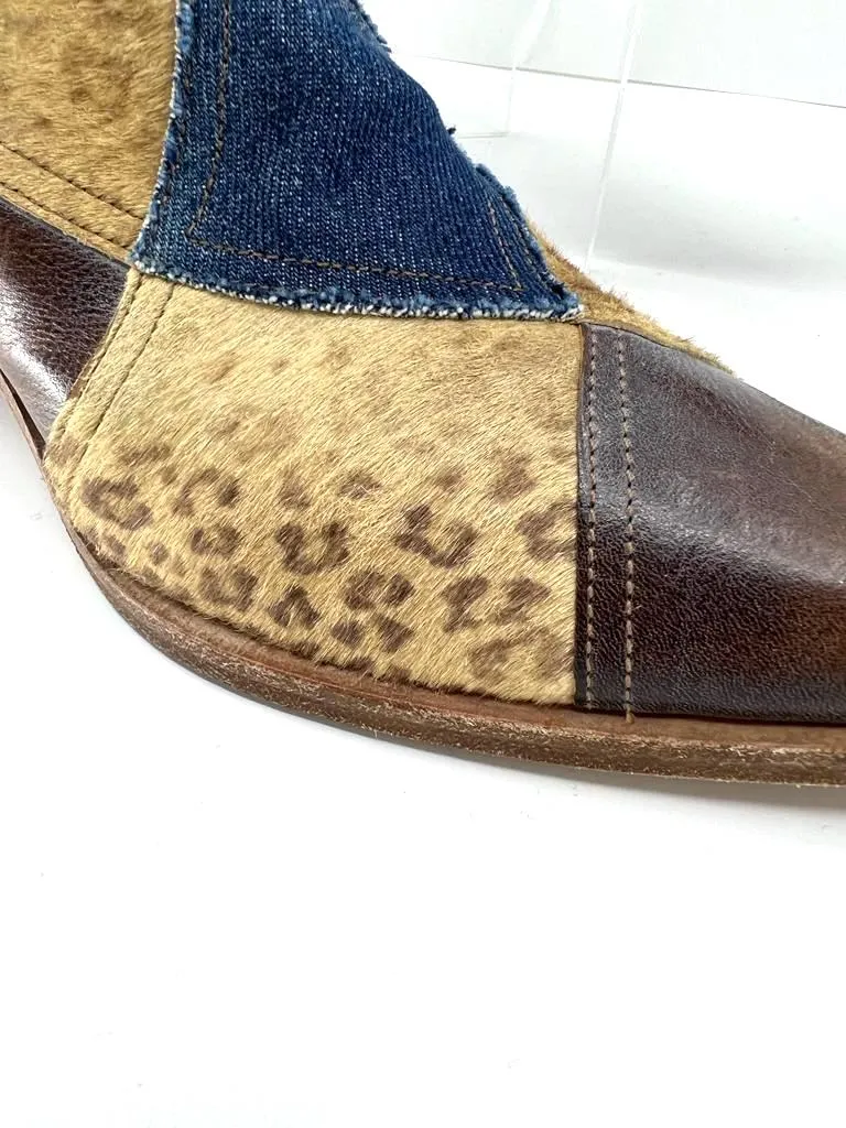 Vic Matié LEATHER DENIM CALF HAIR PATCHWORK WESTERN BOOTS no