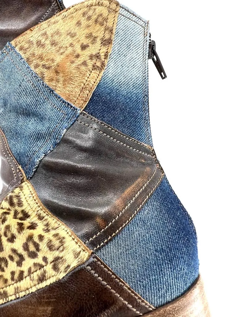 Vic Matié LEATHER DENIM CALF HAIR PATCHWORK WESTERN BOOTS no