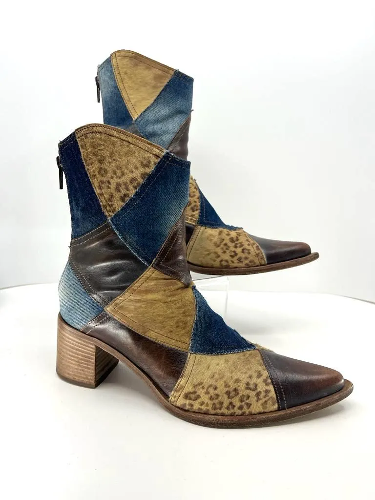 Vic Matié LEATHER DENIM CALF HAIR PATCHWORK WESTERN BOOTS no