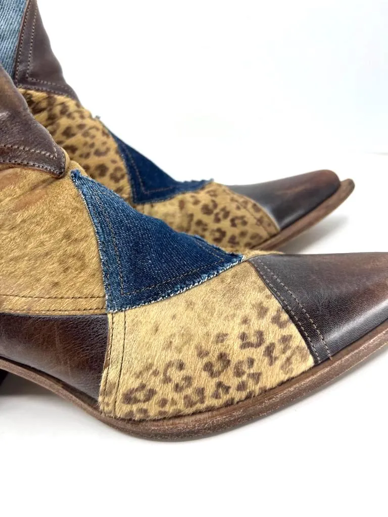 Vic Matié LEATHER DENIM CALF HAIR PATCHWORK WESTERN BOOTS no