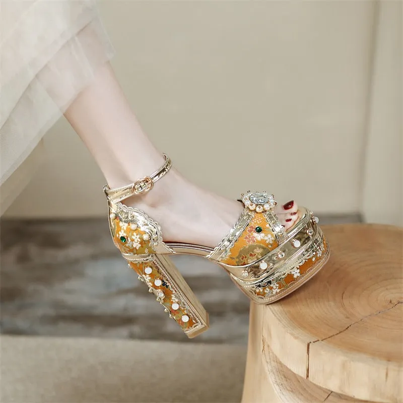 Women Floral Metallic Studded Square Heels Sandal