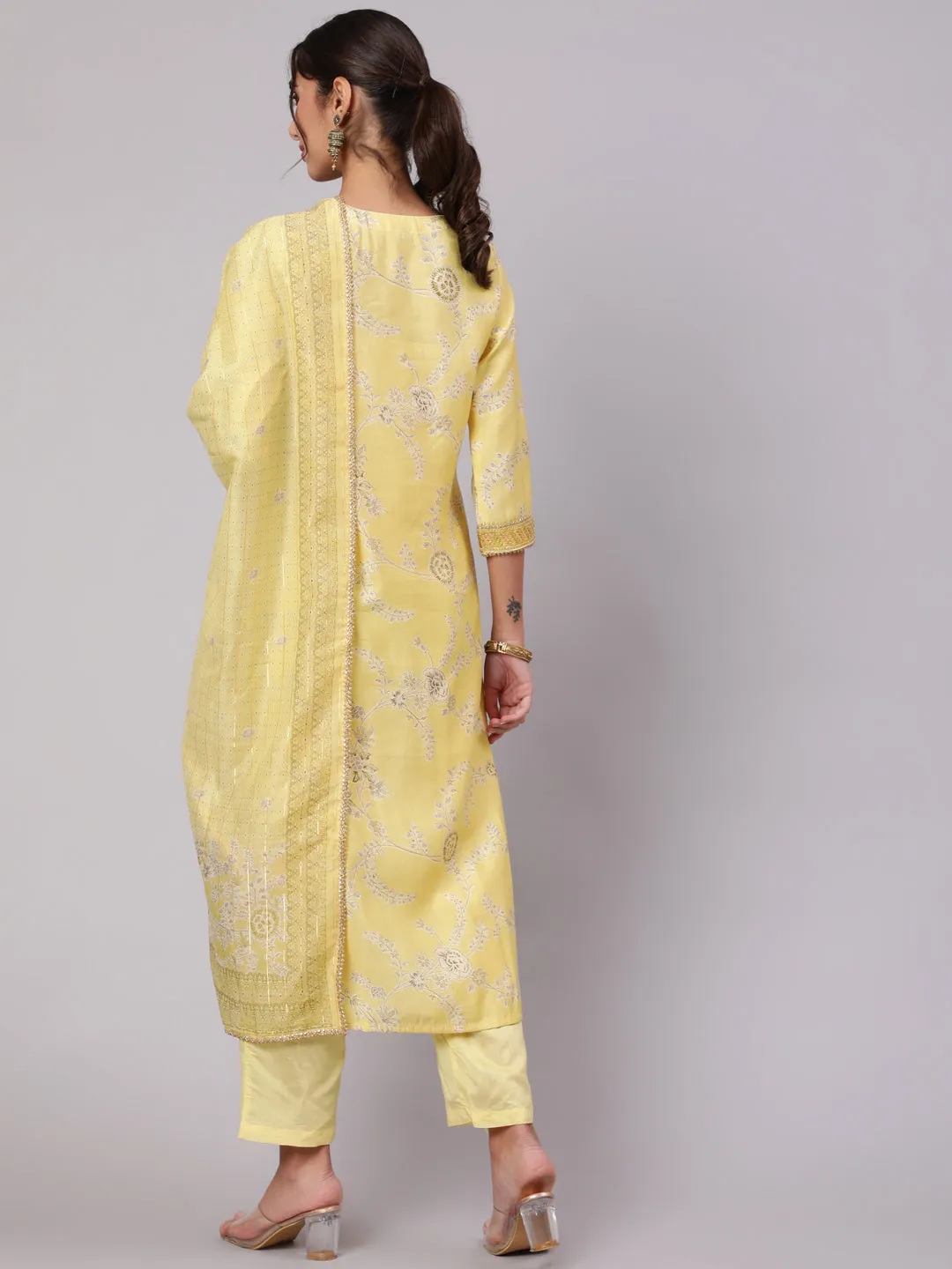 Women Lemon Muslin Straight  Kurta Trouser Dupatta & Fancy Potli Set