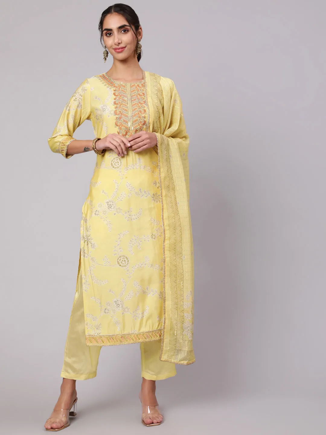 Women Lemon Muslin Straight  Kurta Trouser Dupatta & Fancy Potli Set