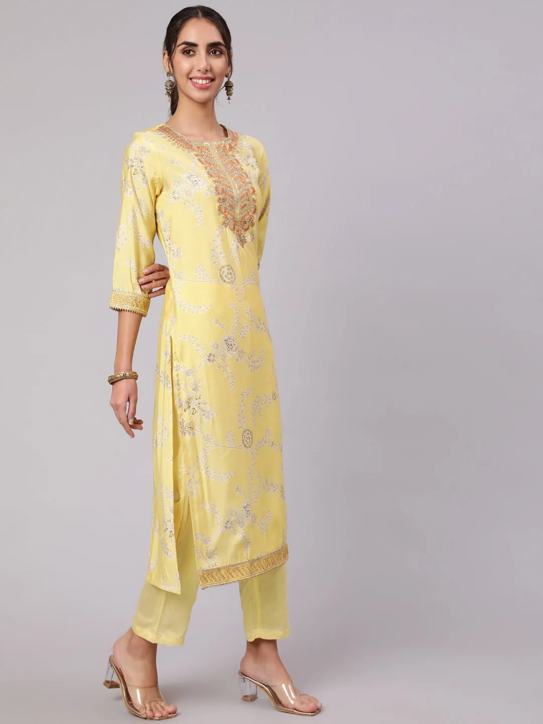 Women Lemon Muslin Straight  Kurta Trouser Dupatta & Fancy Potli Set