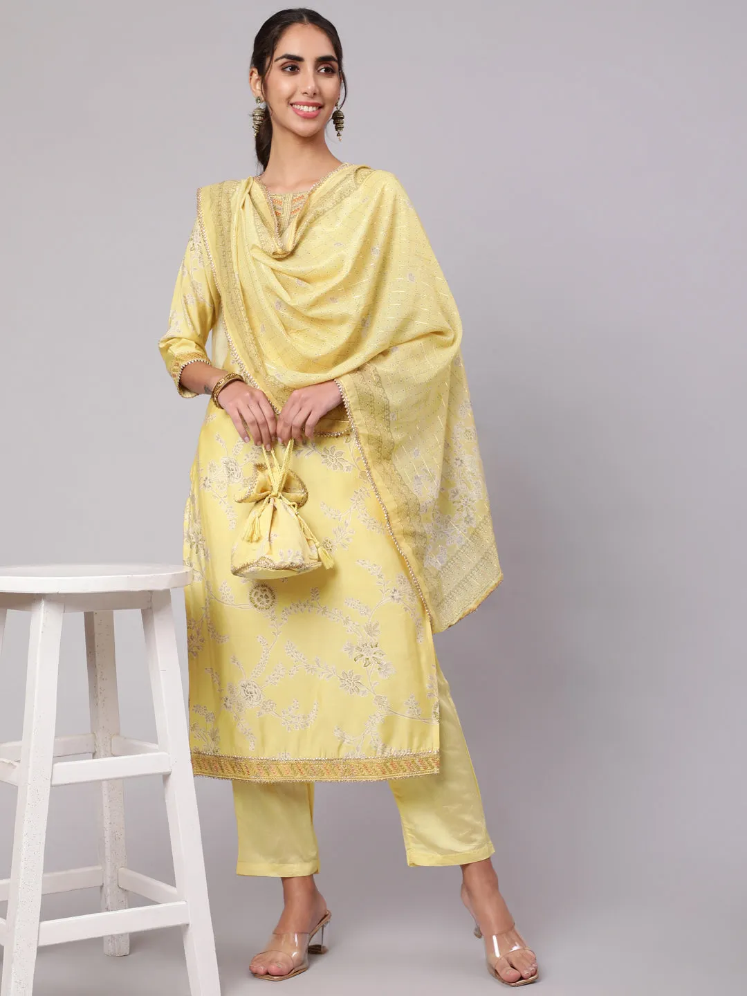 Women Lemon Muslin Straight  Kurta Trouser Dupatta & Fancy Potli Set