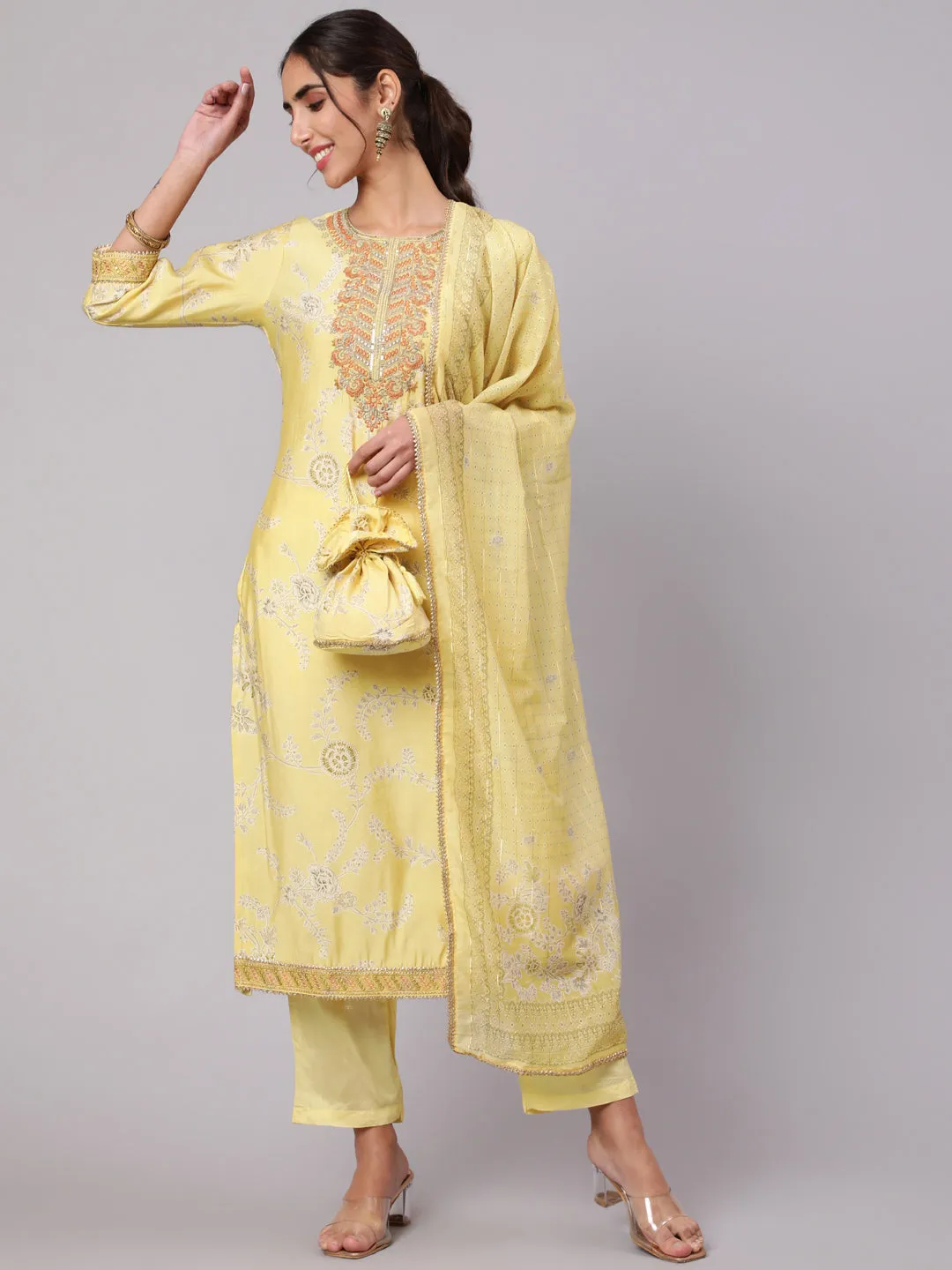 Women Lemon Muslin Straight  Kurta Trouser Dupatta & Fancy Potli Set