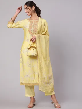 Women Lemon Muslin Straight  Kurta Trouser Dupatta & Fancy Potli Set