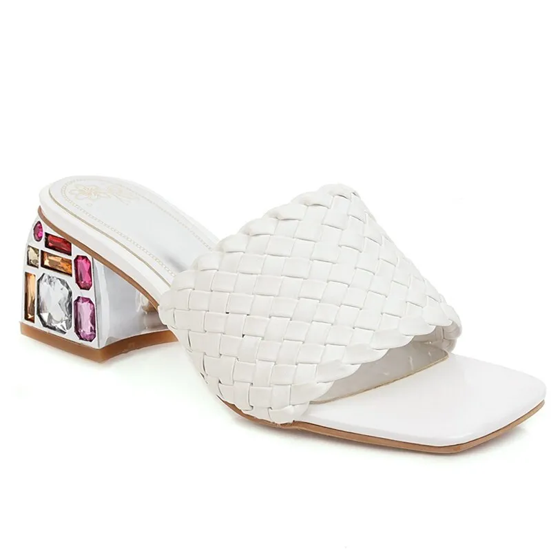 Women Mules Crystal Slide Low Heels Knitted Slipper Sandals