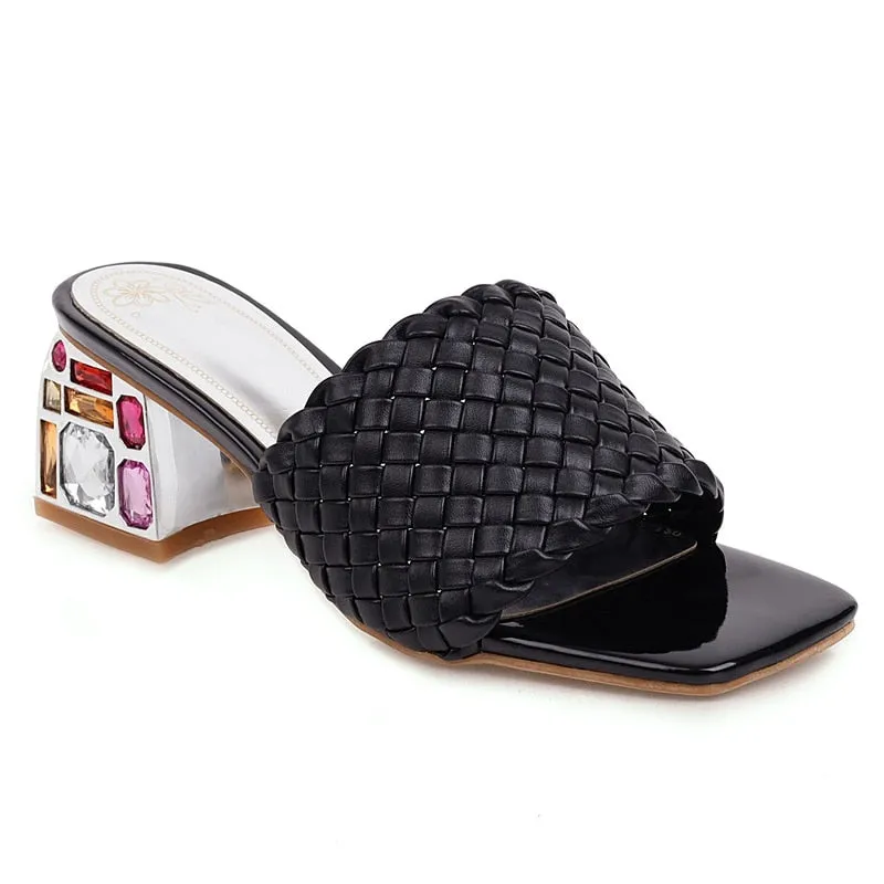 Women Mules Crystal Slide Low Heels Knitted Slipper Sandals
