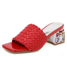 Women Mules Crystal Slide Low Heels Knitted Slipper Sandals