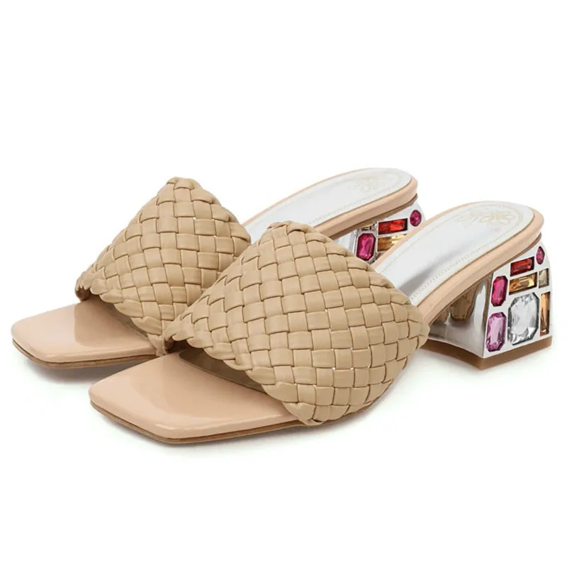 Women Mules Crystal Slide Low Heels Knitted Slipper Sandals