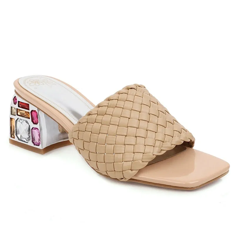Women Mules Crystal Slide Low Heels Knitted Slipper Sandals