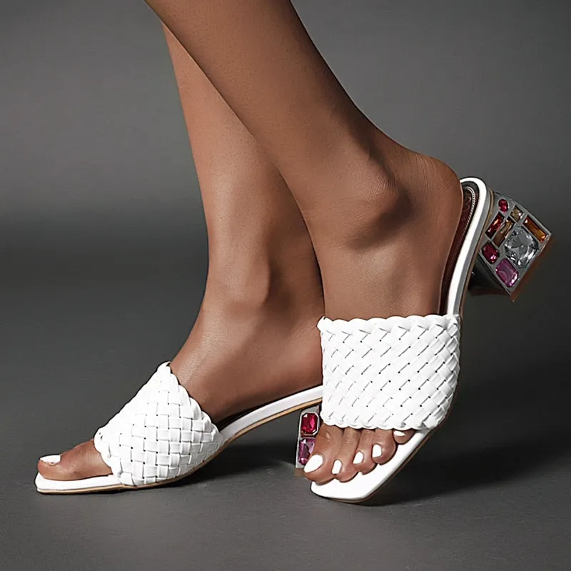 Women Mules Crystal Slide Low Heels Knitted Slipper Sandals