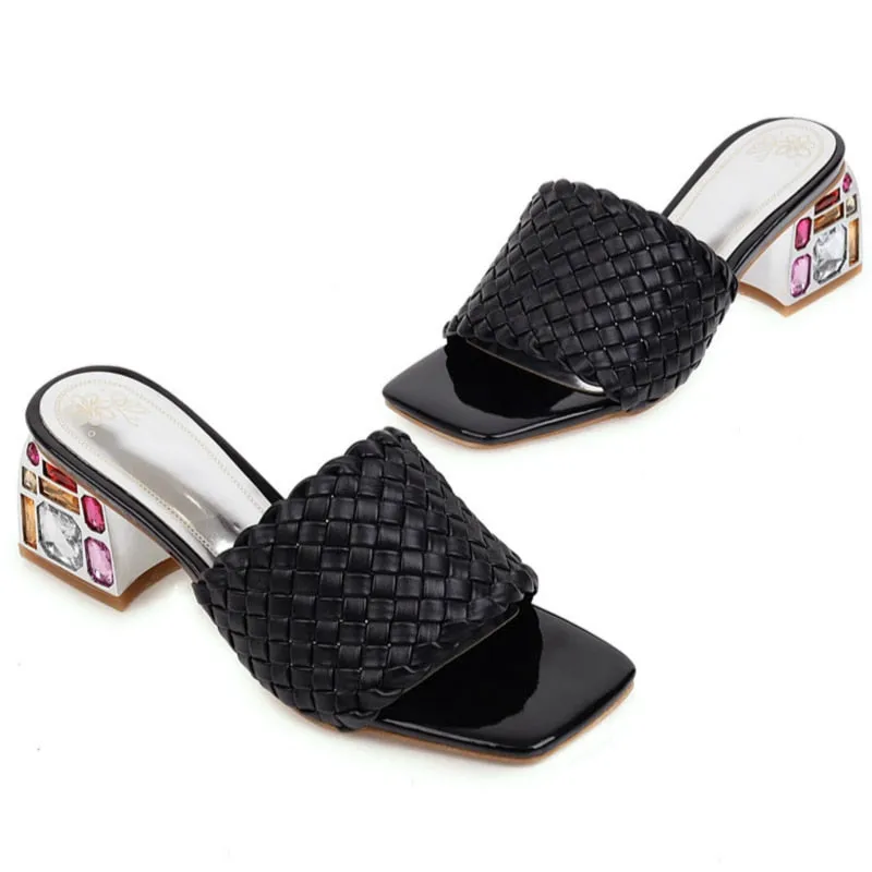 Women Mules Crystal Slide Low Heels Knitted Slipper Sandals