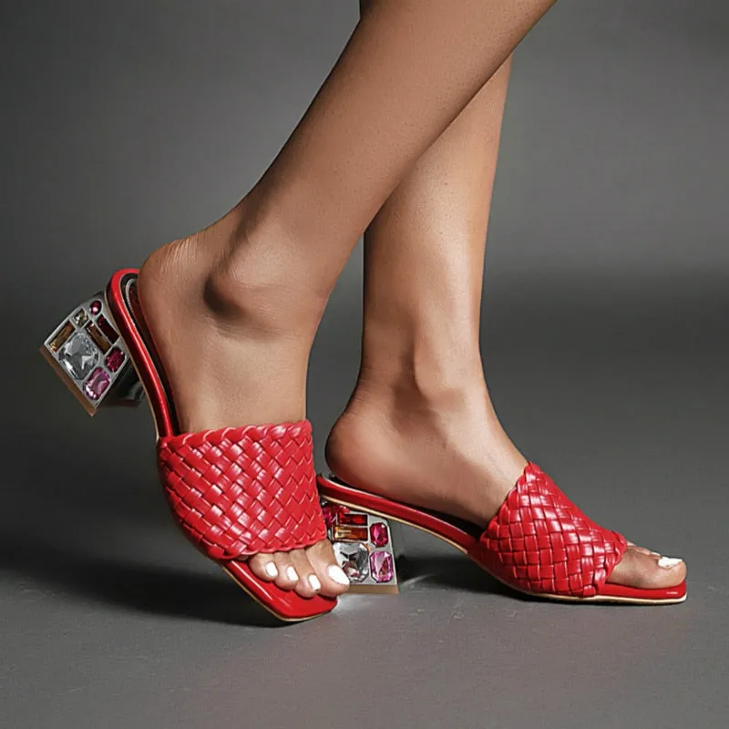 Women Mules Crystal Slide Low Heels Knitted Slipper Sandals
