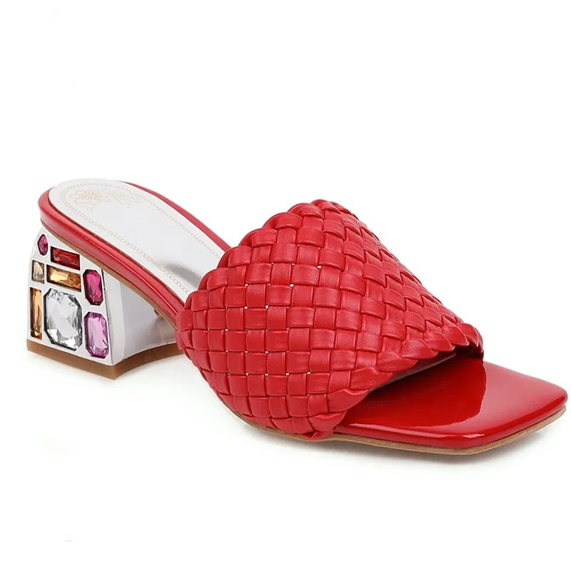 Women Mules Crystal Slide Low Heels Knitted Slipper Sandals