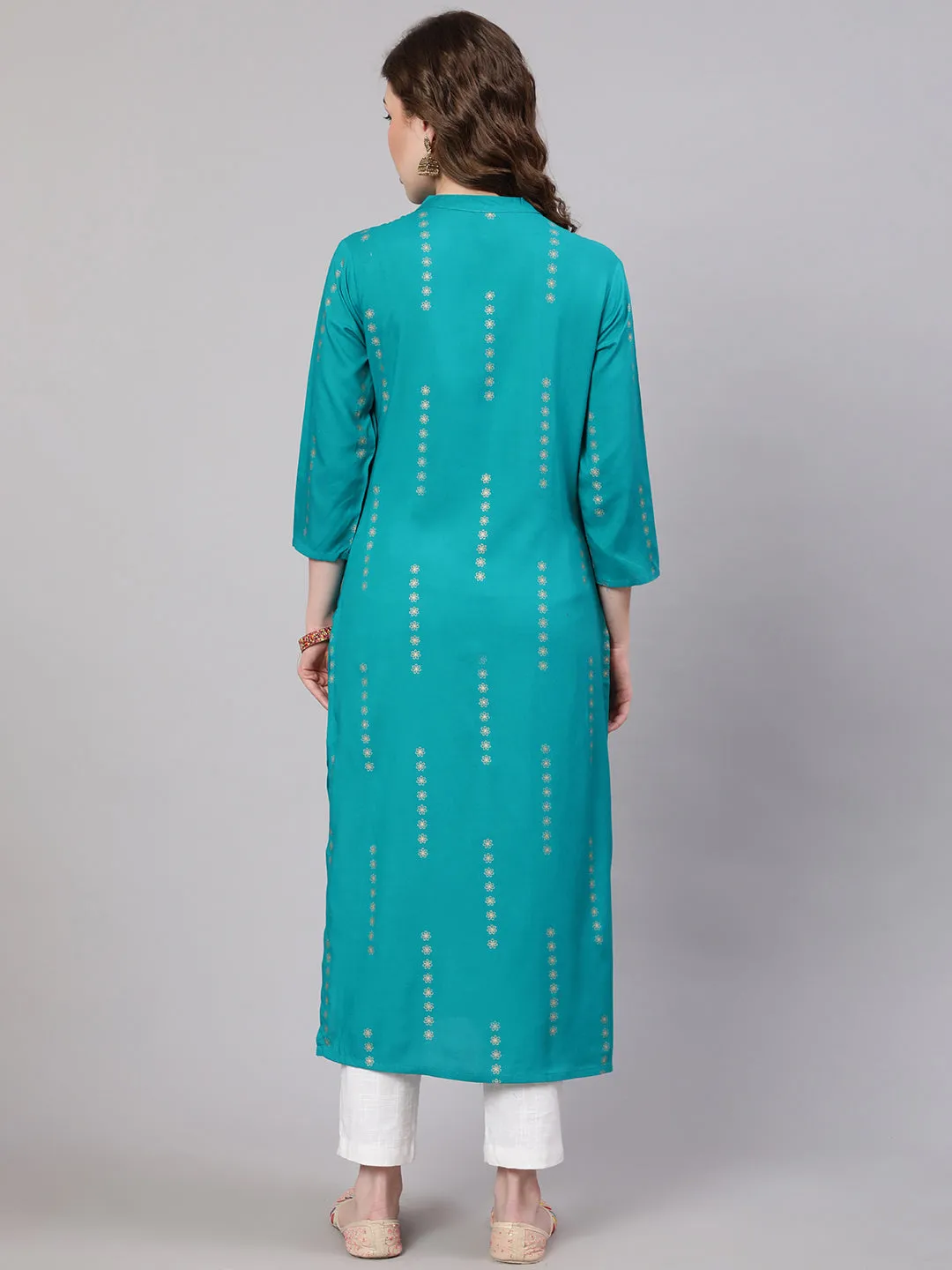 Women Turquoise Rayon Straight Kurta