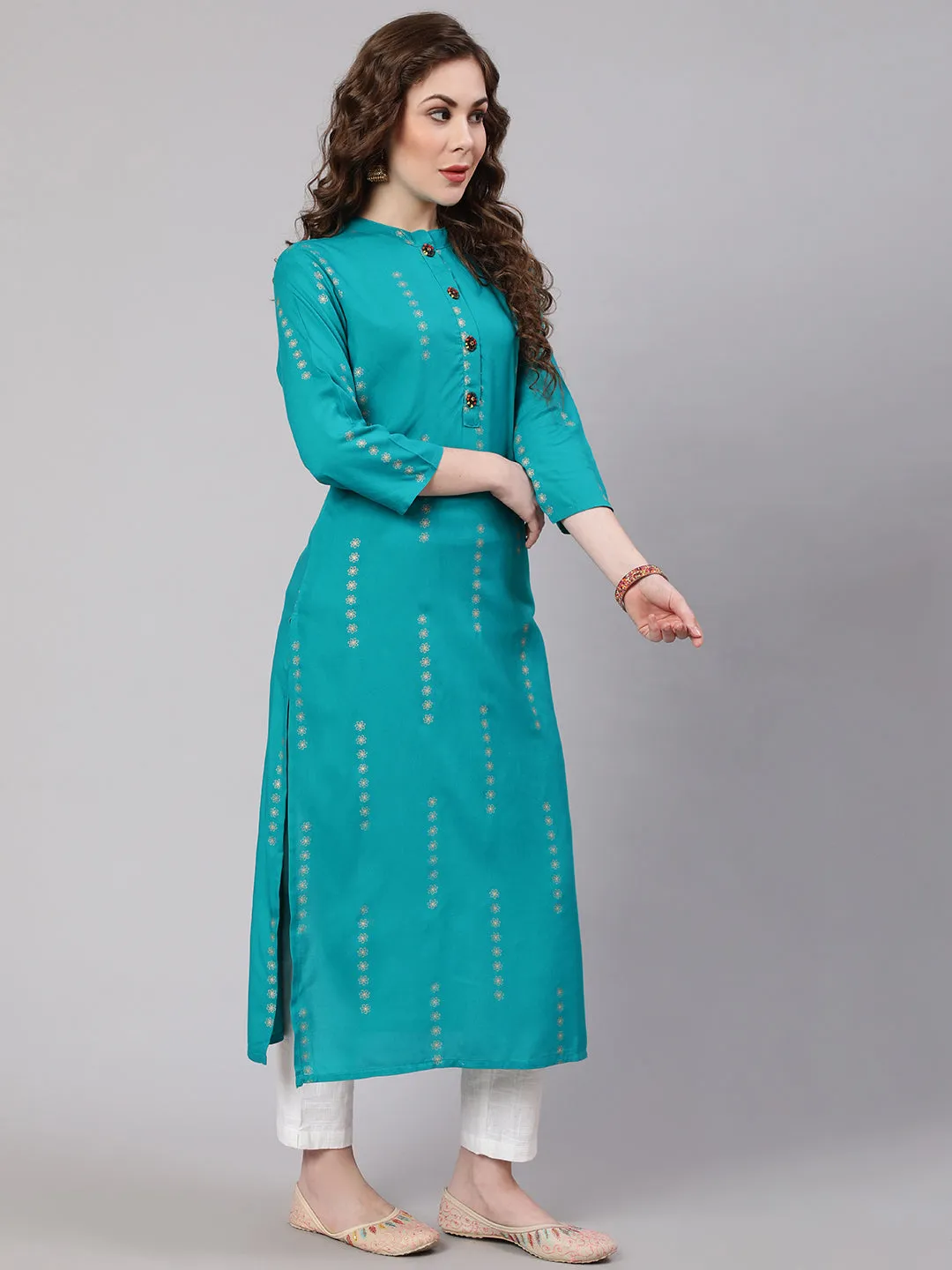 Women Turquoise Rayon Straight Kurta