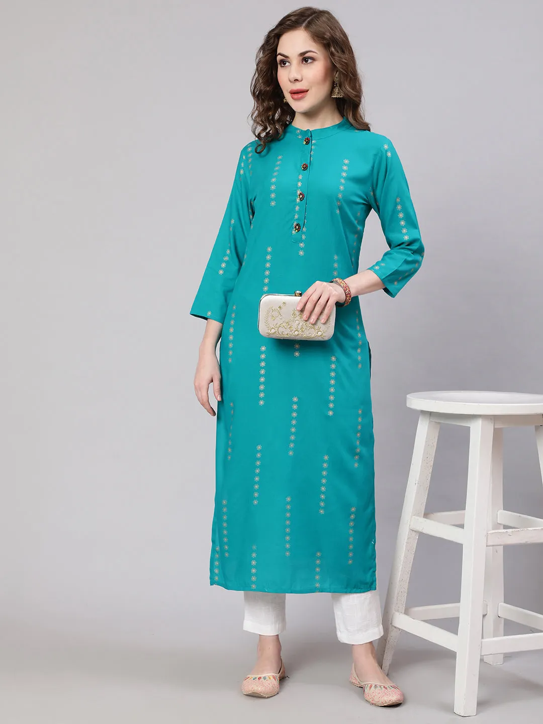 Women Turquoise Rayon Straight Kurta