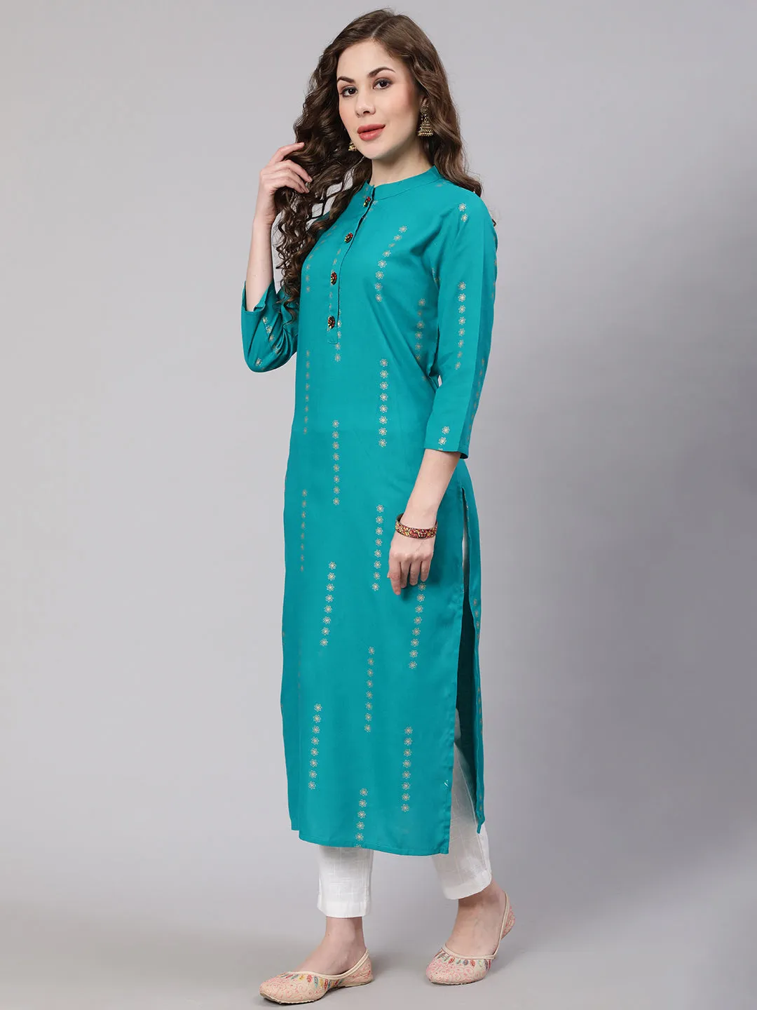 Women Turquoise Rayon Straight Kurta