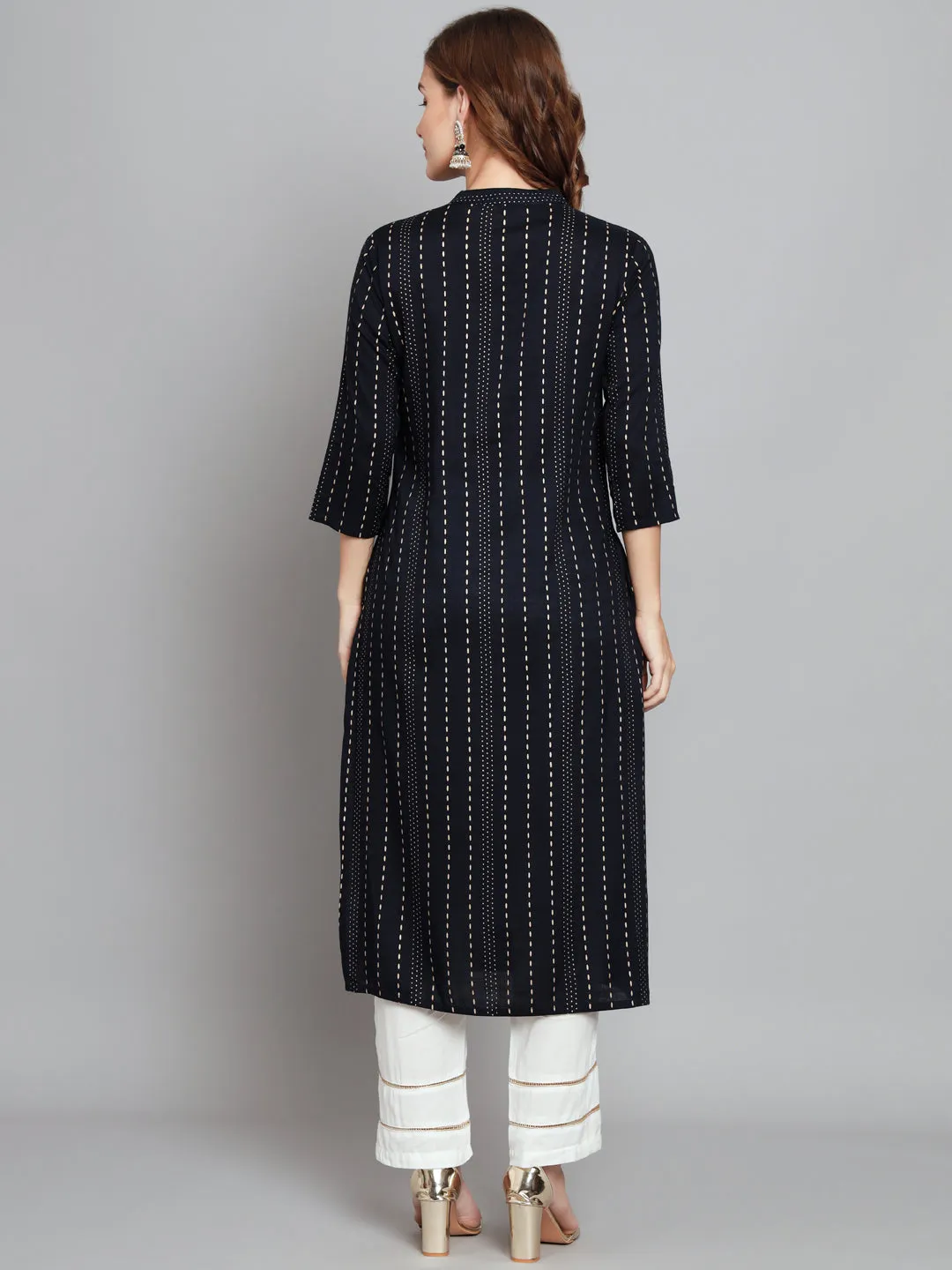 Women's Navy Blue Rayon Straight  Kurta Palazzo Set