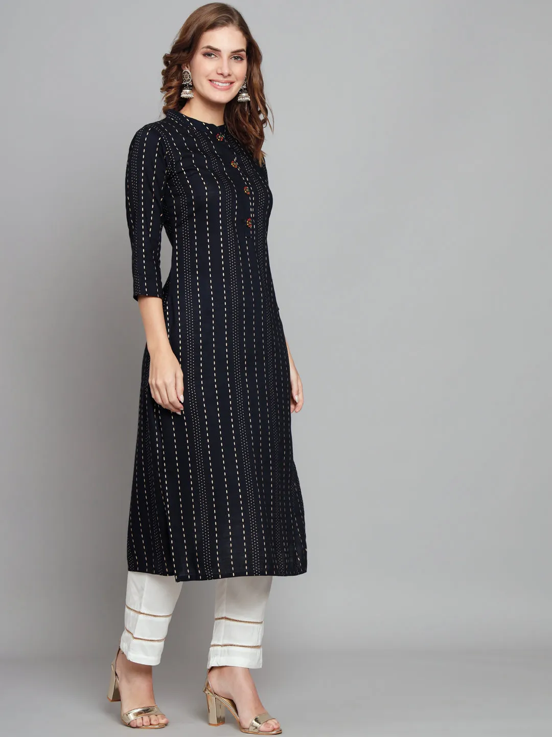 Women's Navy Blue Rayon Straight  Kurta Palazzo Set