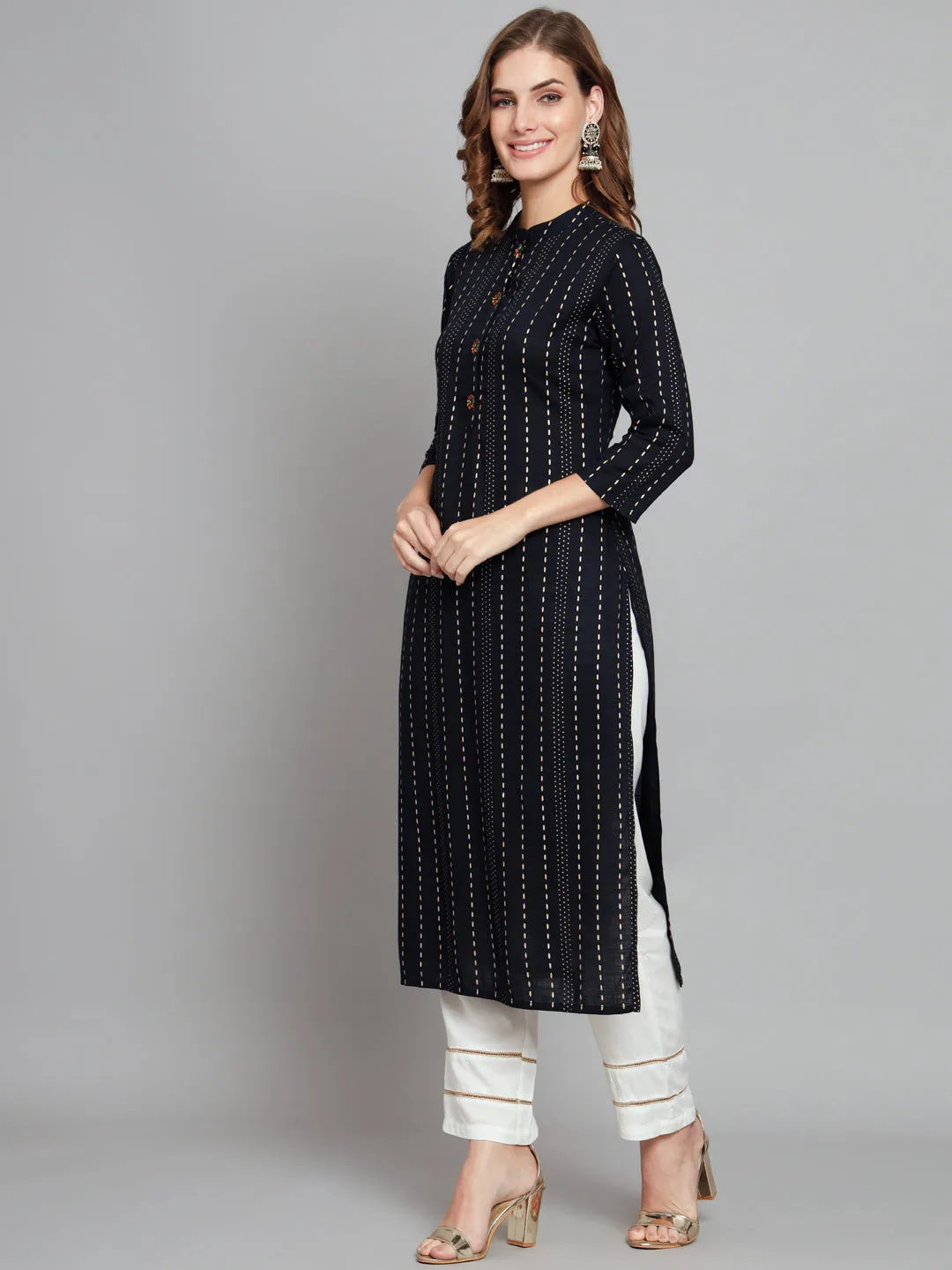 Women's Navy Blue Rayon Straight  Kurta Palazzo Set