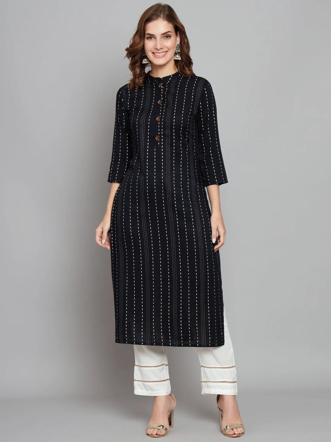 Women's Navy Blue Rayon Straight  Kurta Palazzo Set