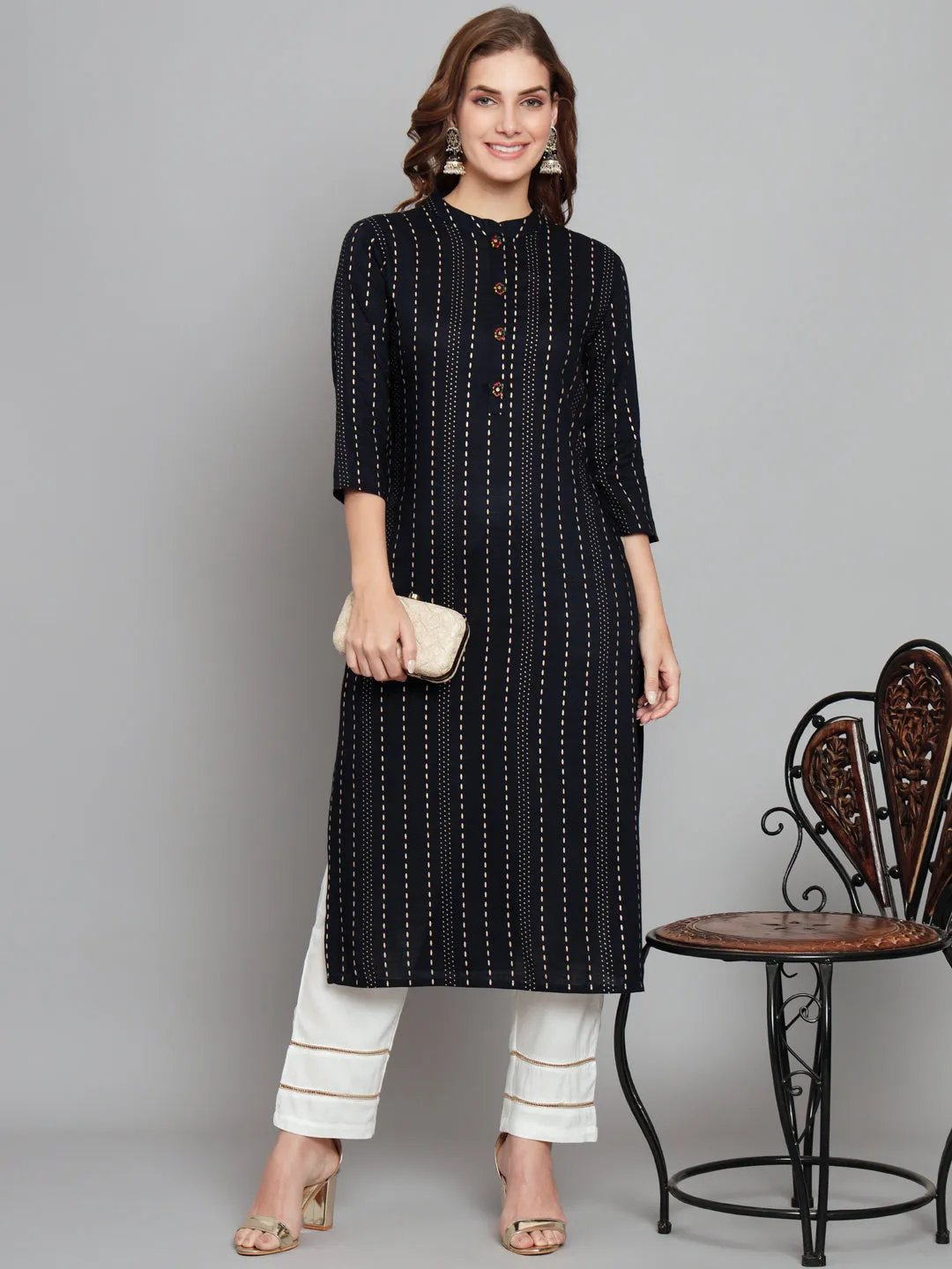 Women's Navy Blue Rayon Straight  Kurta Palazzo Set