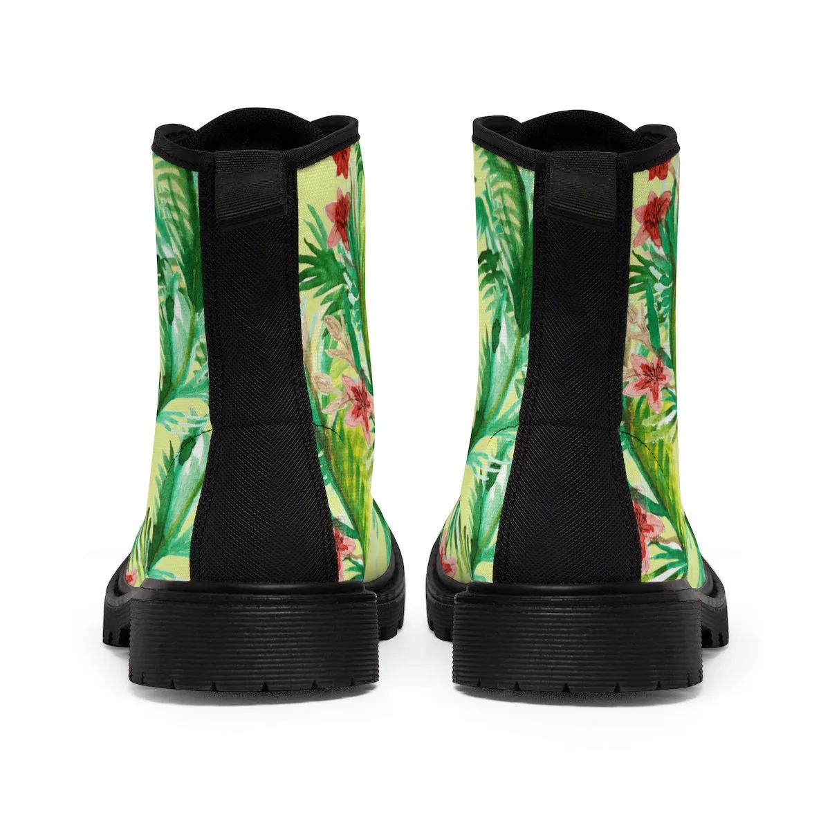 Yellow Floral Women's Boots, Designer Vintage-Style Print Canvas Winter Hiking Boots