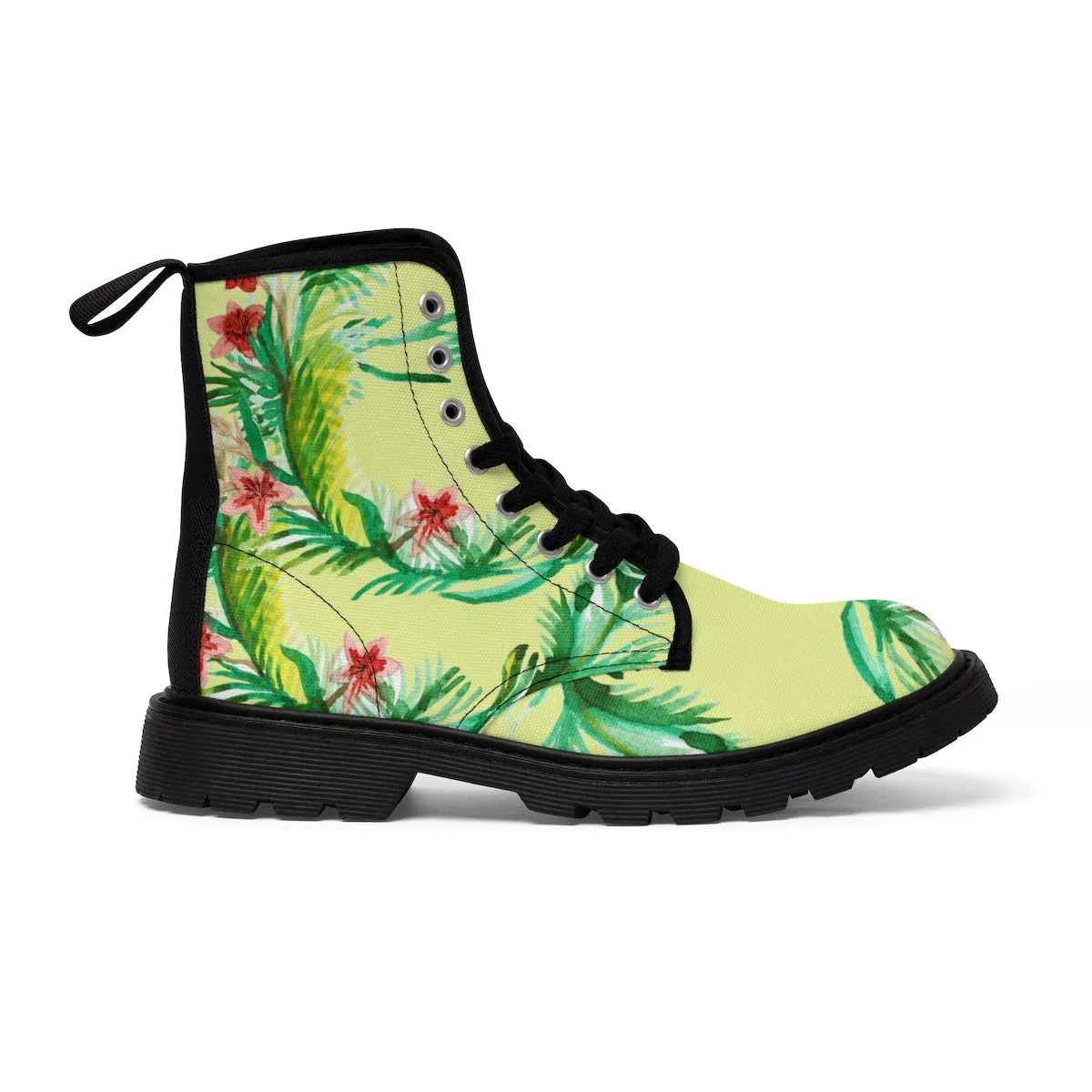 Yellow Floral Women's Boots, Designer Vintage-Style Print Canvas Winter Hiking Boots
