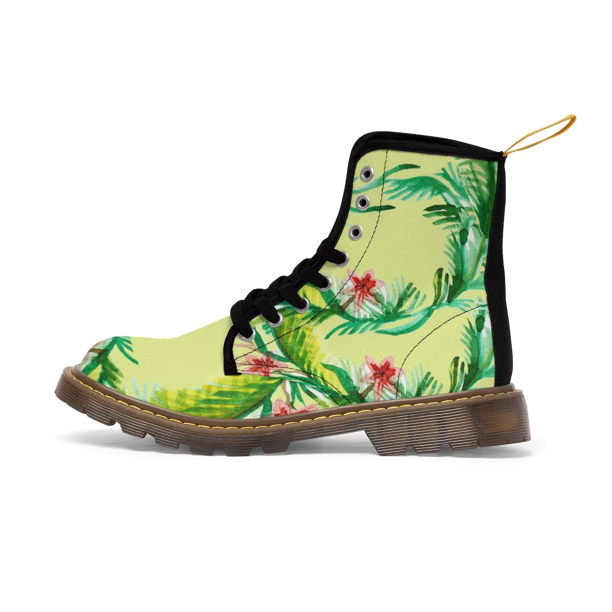 Yellow Floral Women's Boots, Designer Vintage-Style Print Canvas Winter Hiking Boots