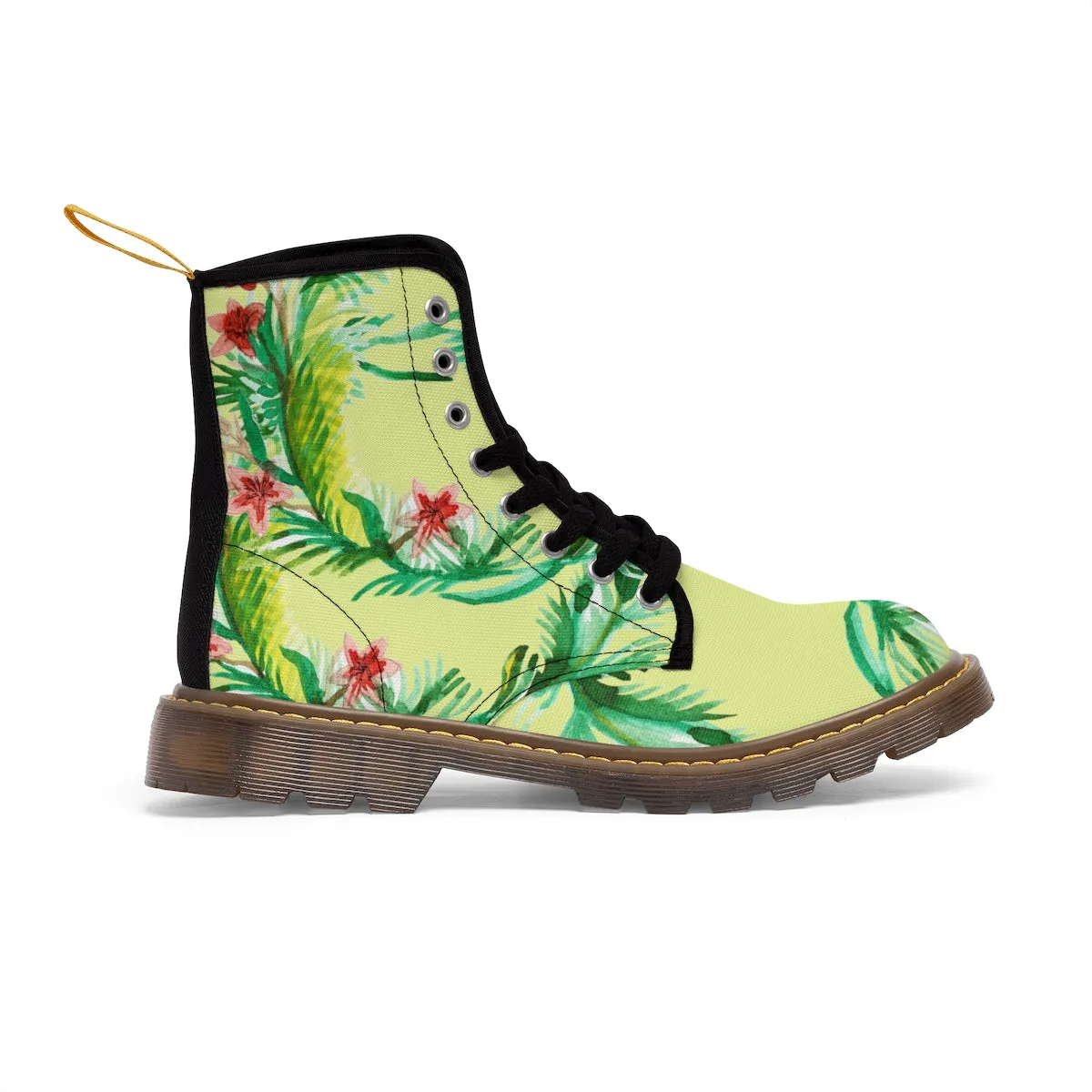 Yellow Floral Women's Boots, Designer Vintage-Style Print Canvas Winter Hiking Boots
